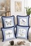 Decorative 4-Piece Fringed-Tasseled Throw Pillow Cover with Butterfly, Bird, Dragonfly and Flower Patterns and Blue Stripes