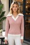 Women's Wide Polo Collar Long Sleeve Hair Braided White Detailed Classic Stylish Soft Textured Elegant Trend Casual Powder Knitwear Sweater - 5