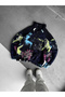 Navy Blue Graffiti Patterned Oversize Plush Sweatshirt with Half Zipper - 4