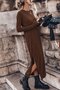 All-Day Comfort with Relaxed Fit - Women's Long Sleeve Crew Neck Side Slit Viscose Long Dress - 3
