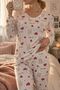 Women's Ecru Teddy Bear and Heart Patterned V-Neck Long Sleeve Cotton Pajama Set