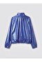 Blue Gathered Detailed Stand Collar Girls' Coat - 4