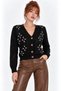 Black V-Neck Floral Embroidered Knitwear Cardigan - 2