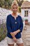 Navy Blue Pool Collar 3/4 Sleeve Washable Casual Muslin Woven Blouse 70 65 - 7