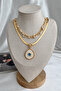 Gold Color White Bead Detailed Evil Eye Eye Pendant 3 Layered Necklace (40,45cm) - 4