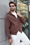 Brown Hooded Double Zipper Velvet Men's Cardigan E7195