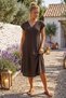 Brown V-Neck Low Sleeve Washable Casual Muslin Midi Length Woven Dress 120 60 - 5