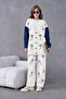 Women's Embroidered Denim Garnished Relaxed Cut Cardigan Pants Knitwear Two-Piece Set