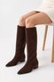Women's Brown Suede Pointed Toe Short Heeled Below the Knee Boots - 7