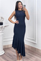 Women's Summer Navy Tulle Lace Lined Round Neck Sleeveless Asymmetrical Cut Long Dress 50425 - 3