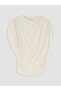 Vizyon New Season Ecru Draped Collar Gathered Blouse