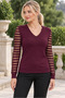 Women's V-Neck Long Sleeve Sleeves Transparent Stripe Detailed Lycra Flexible Elegant Soft Textured Casual Burgundy Knitwear Blouse - 5