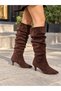 Women's Ti̇ma Brown Suede 6 cm Heeled Bellows Pointed Toe Nailed Heel Boots - 2