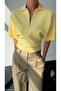 Women's Yellow Zippered Collar Waist-Fitted Knit Sweater - 2