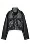 Women's Oversize Stand Collar Black Leather Jacket with Epaulettes - 6