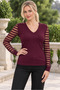 Women's V-Neck Long Sleeve Sleeves Transparent Stripe Detailed Lycra Flexible Elegant Soft Textured Casual Burgundy Knitwear Blouse - 2