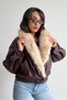 Double-Breasted Leather Coat with Fur Collar - Claret Red - 3