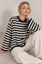 Women's Black Striped Crew Neck Oversize Casual Stylish Wide Spanish Sleeve Knitwear Sweater - 3