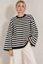 Women's Black Striped Crew Neck Oversize Casual Stylish Wide Spanish Sleeve Knitwear Sweater - 2