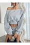 Gray Loose Cut Women's Solid Color Asymmetrical Collar Long-Sleeved Sweatshirt - 4