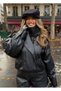 New Season Women's Oversize Stand Collar Black Leather Jacket with Epaulettes - 5