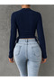 Navy Blue Lace Patterned Long Sleeve Crop Blouse, Navy Blue Embroidery Patterned Side Gathered Lycra Blouse - 2