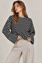 Women's Black Striped Woven Fabric Spanish Sleeve Crew Neck Blouse - 2