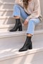Women's Stretch Black Pointed Toe Thick Heeled Ankle Boots with Zipper, Stylish Daily Boots (9 cm) - 3
