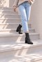 Women's Stretch Black Pointed Toe Thick Heeled Ankle Boots with Zipper, Stylish Daily Boots (9 cm) - 4