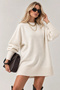 Women's Ecru Crew Neck Oversize Balloon Sleeve Long Knitwear Sweater Tunic - 3