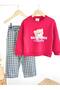 Girl's Red Sweatshirt with Front and Back Print Detail and Black and White Gingham Pants Top and Bottom Set - 2