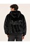 Private Text Appliqué Black Shiny Plush Quilted Lined Hooded Jacket - 3