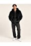 Private Text Appliqué Black Shiny Plush Quilted Lined Hooded Jacket - 2