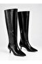 Alfa Kitten Heeled Below the Knee Pointed Toe Stitching Detailed Basic Matte Leather Women's Boots Black Patent Leather - 5