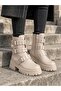 Women's Half Boots with Studded Stitched Sole, 5 cm Heel, 20 cm Length, Zippered Lace-Up Boots - Beige