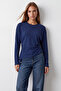 Women's navy blue bicycle collar asymmetrical blouse with draped waist alc-x15865 - 3