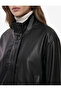 Off-Shoulder Long Sleeve Pocketed Zipper Stand Collar Faux Leather Crop Jacket - 4