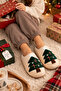 Women's New Year's Themed, Pine Tree Embroidered, Suede, Plush Lined House Slippers - 7