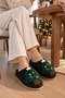Women's New Year's Themed, Pine Tree Embroidered, Suede, Plush Lined House Slippers - 4