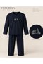 Men's Embroidered Navy Blue Long Sleeve Combed Cotton Fabric Seasonal Pajama Set - 5