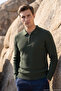 Men's Zippered Polo Collar Khaki Sweater Ribbed Textured Thin Knitwear Classic Pattern - 5411A - 5