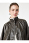 Zippered Stand Collar Long Sleeve Oversize Faux Leather Jacket with Pockets - 2