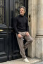 Men's Half Fisherman Shoulder Stripe Detailed Knitwear Cotton Black Sweater Steel Knit Classic Pattern - 5401B
