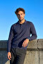 Men's Polo Collar Navy Blue Sweater Vertical Striped Knitwear Classic Pattern - 5409A - 5