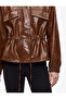 Drawstring Long Sleeve Stand Collar Leather Look Jacket with Pockets - 5