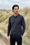 Men's Polo Collar Smoked Sweater with Cotton Shoulder Stripe Detail, Steel Knit Classic Pattern - 5242F - 5