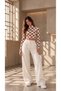 Women's Ecru Brown Checkered Patterned High Neck Long Sleeve Cropped Blouse - 3
