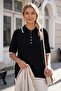 Black Polo Neck Short Sleeve Buttoned Thin Sequined Casual Long Back Knitwear Sweater 60 58 - 5