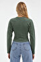 Khaki Crew Neck Long Sleeve Crop Blouse - 3