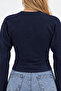 Navy Blue Crew Neck Long Sleeve Crop Blouse - 6